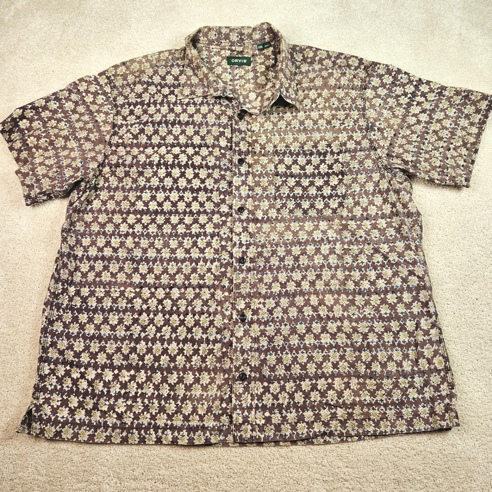 Orvis Kalamkari Block Print Shirt Mens XXL Brown Floral 100% Cotton Resortcore